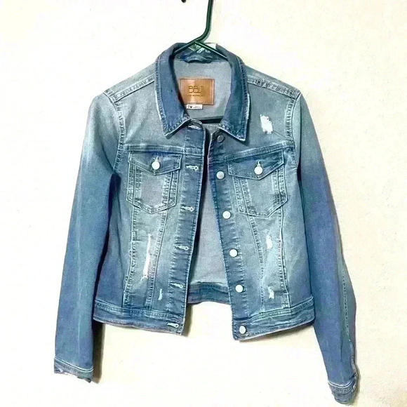 BBJ Los Angeles Distressed Cropped Denim Jean Jacket Size M Y2K Streetwear - Picture 2 of 8
